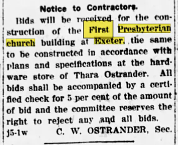 Newspaper clipping about the building of the Presybeterian Church Newspaper clipping about the building of the Presybeterian Church